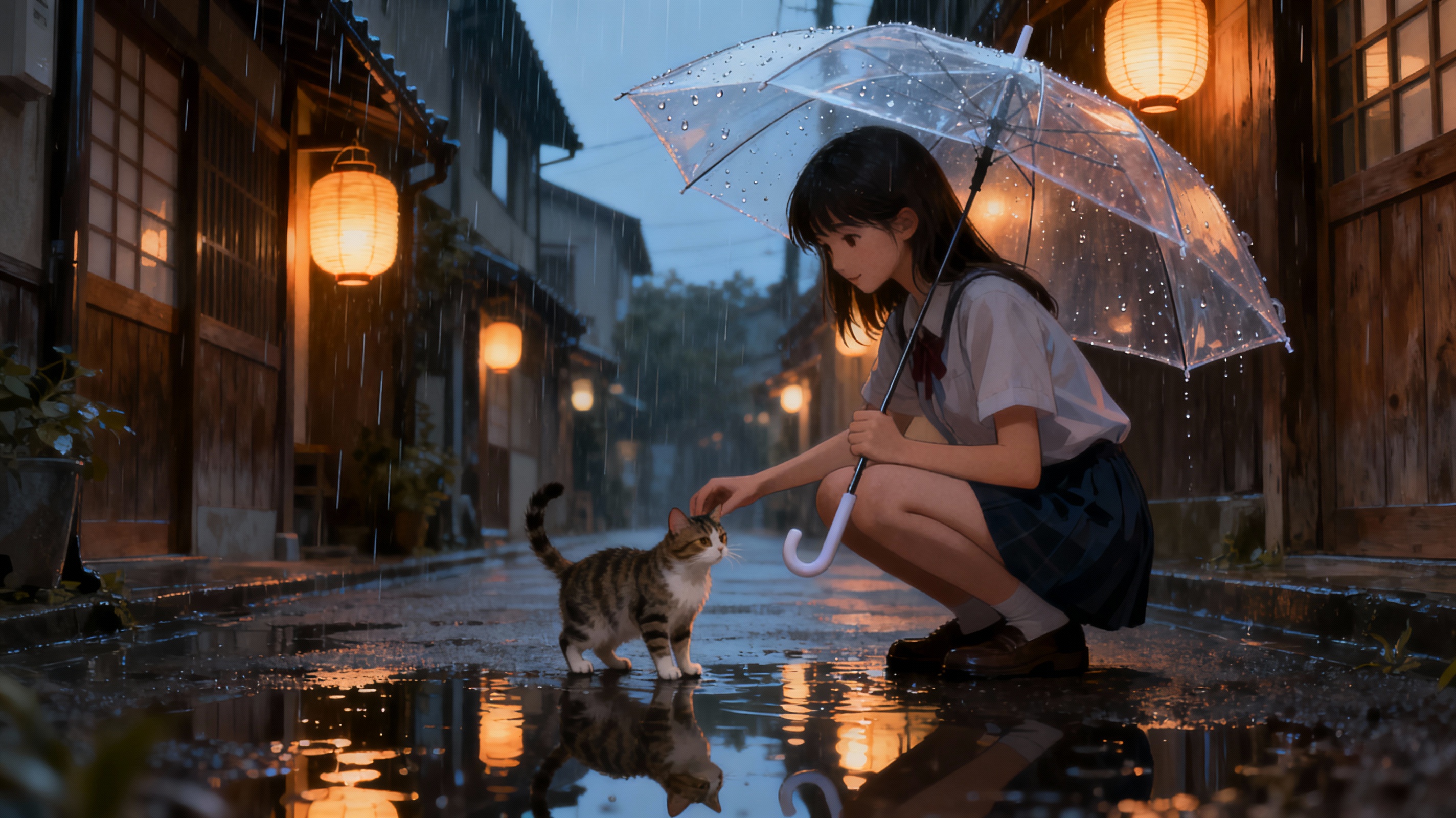 雨天里，为小猫撑起一把伞