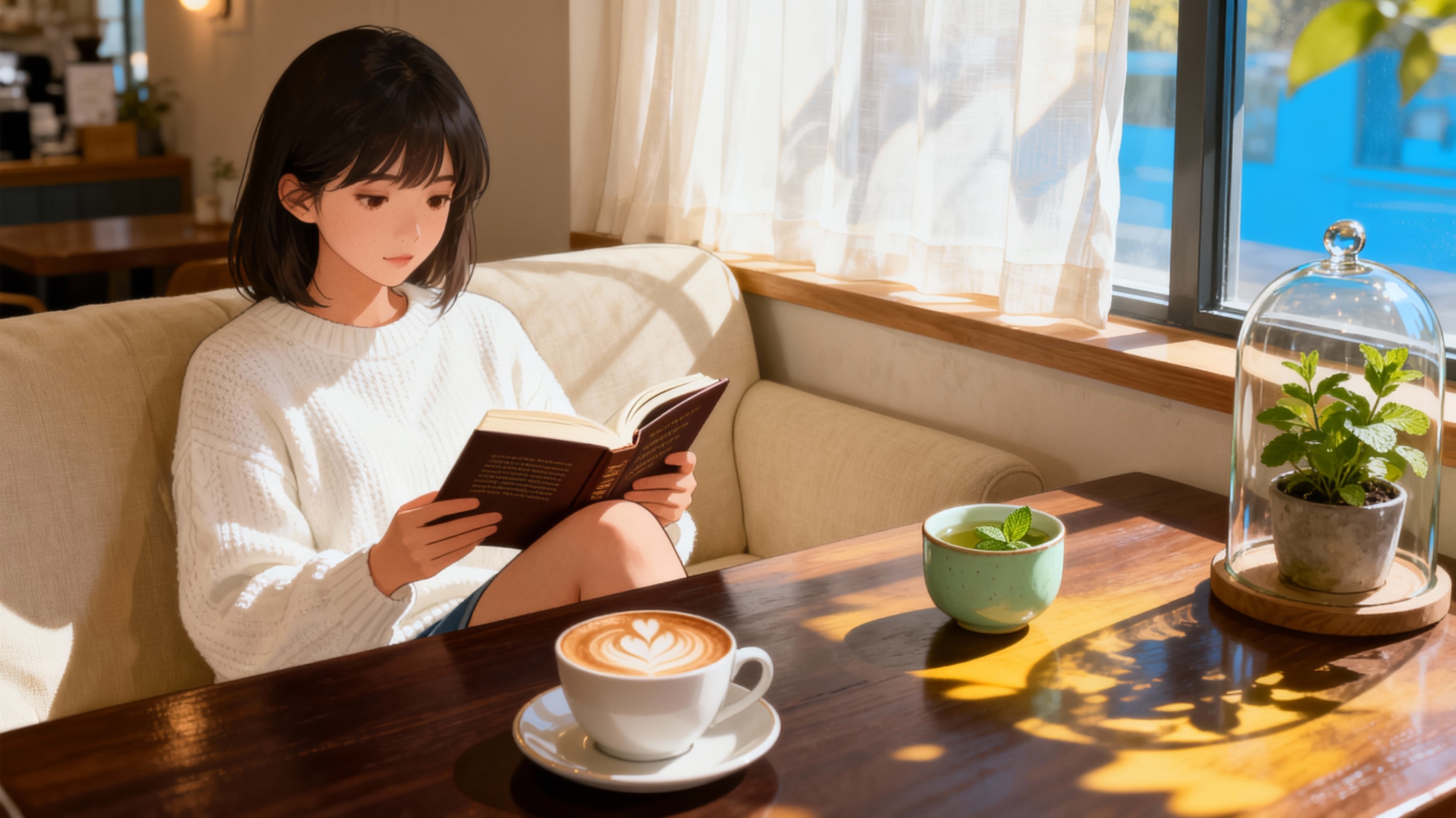 在咖啡厅角落，静静地阅读