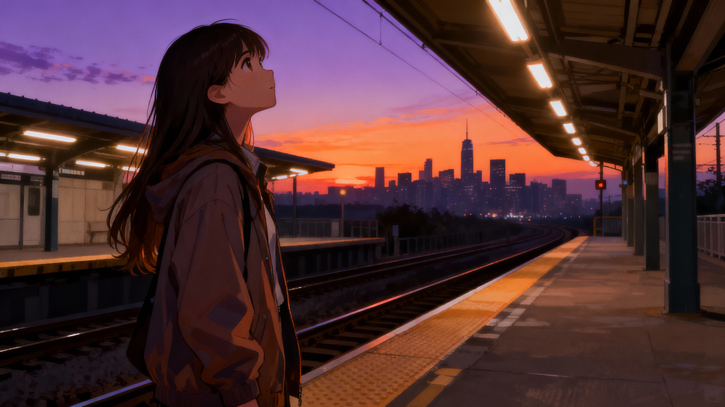 日落时分，站在站台眺望城市