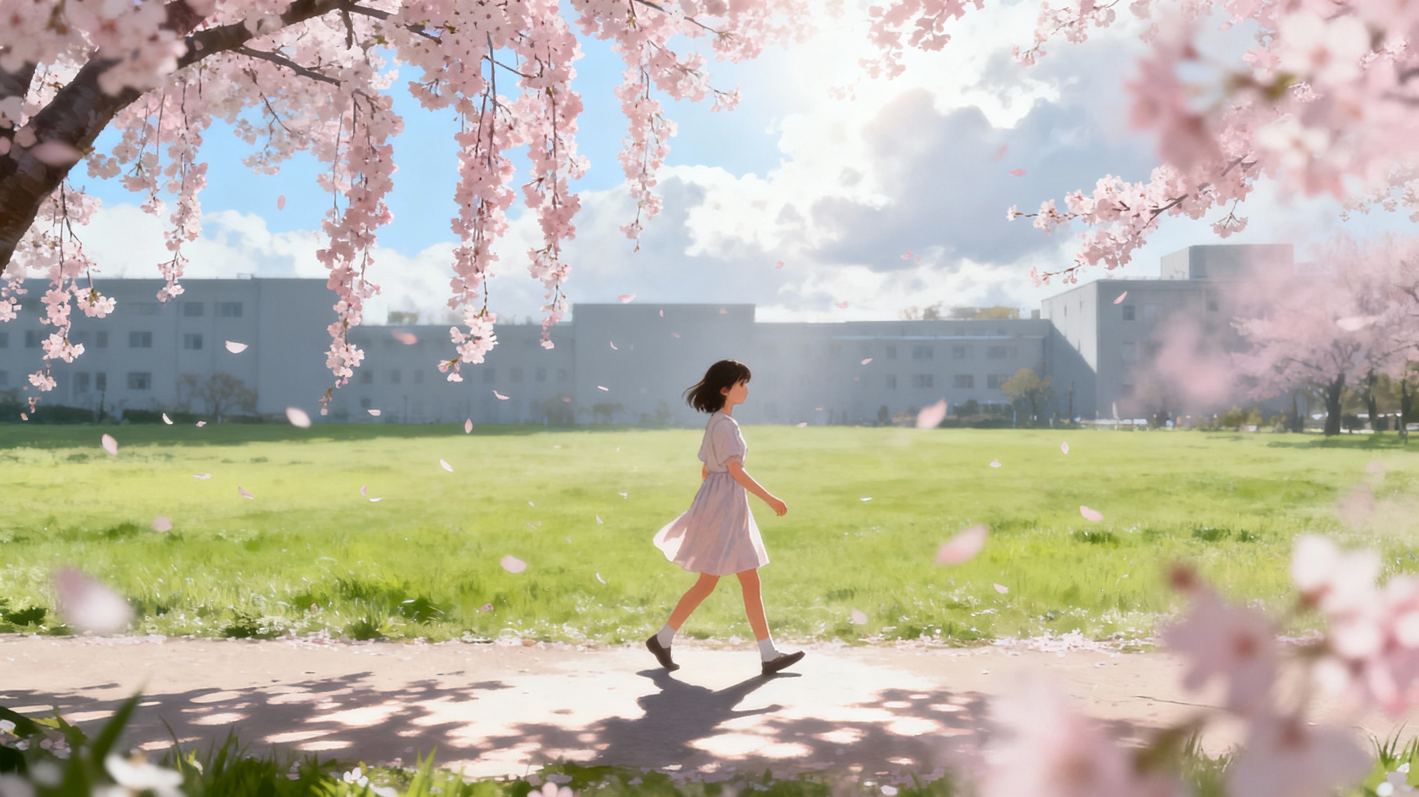 樱花飞舞的公园里，漫步前行