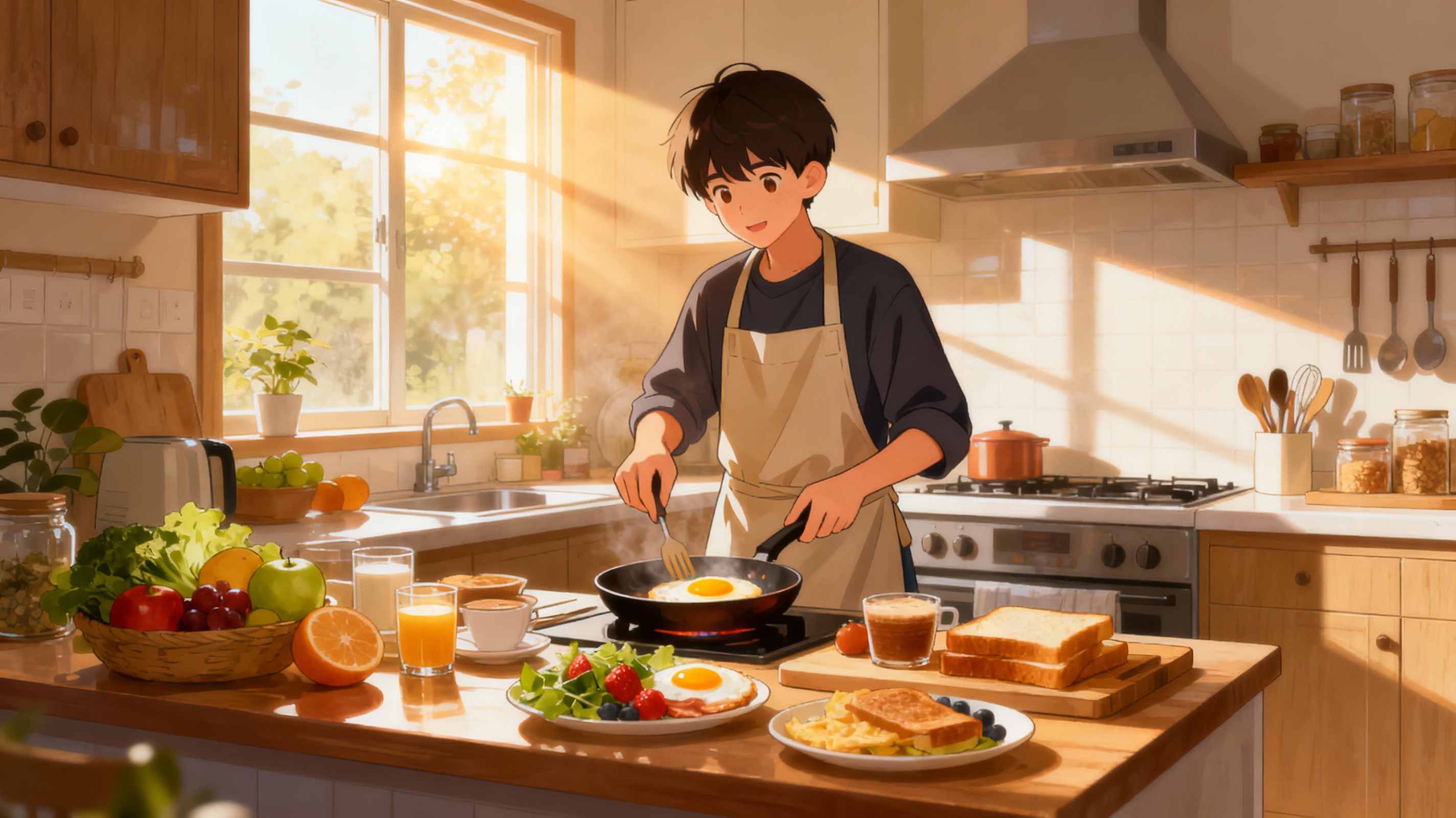 清晨的厨房里，准备早餐
